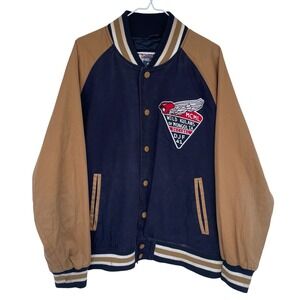 Decibel Mens 2XL Navy Tan Patch Baseball Bomber Jacket MCML Wild Kulans Mongolia